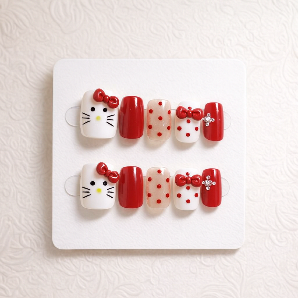 Süße Katzen-Press-On-Nägel – 10er Set, handgemalt