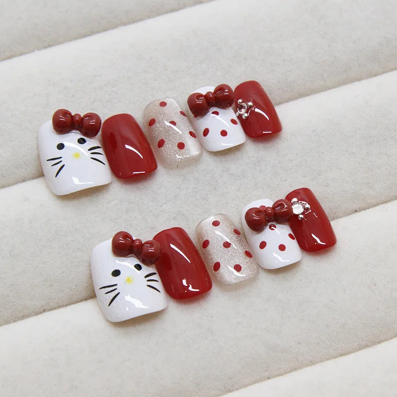 Süße Katzen-Press-On-Nägel – 10er Set, handgemalt