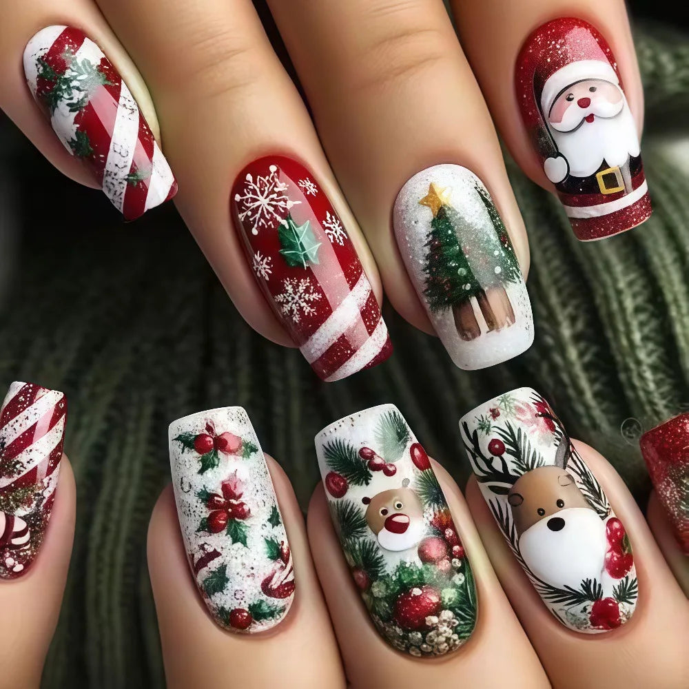Weihnachts-Press-On-Nails „Santa & Bäumchen“