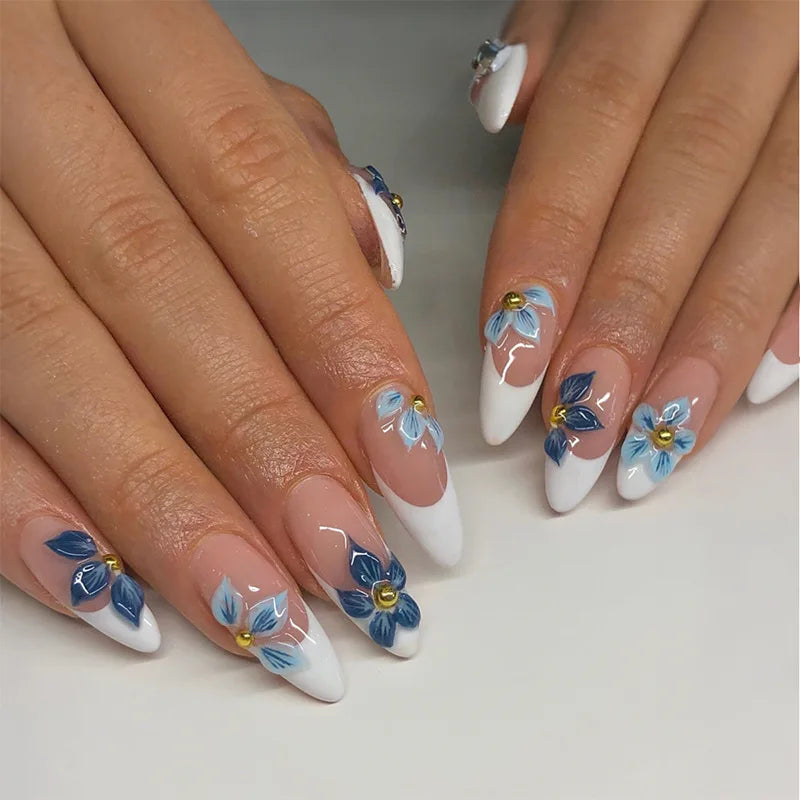Blue Elegance Collection – Luxuriöse Floral & Glam Press-On Nails-24-teilige
