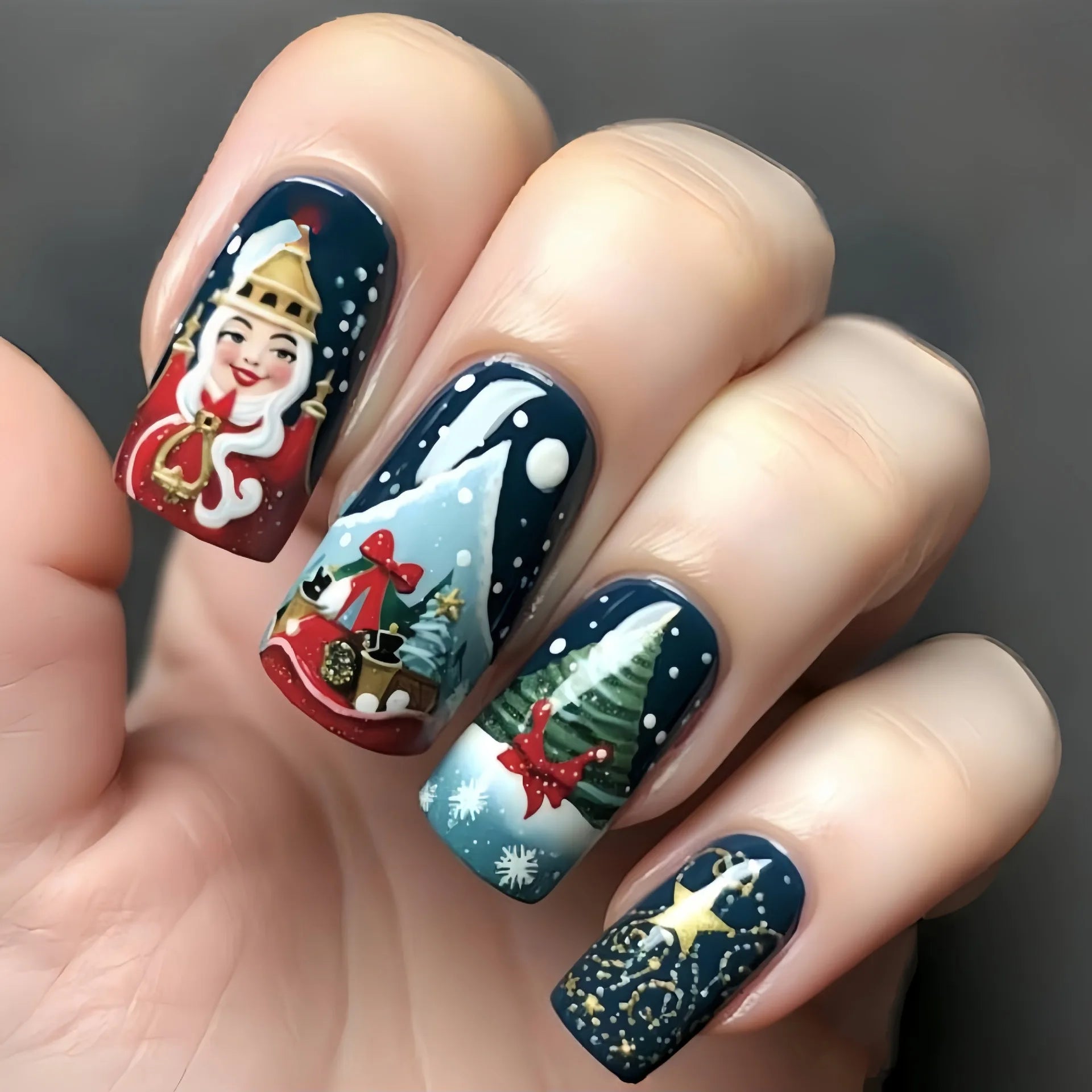 Weihnachts-Press-On-Nails – Mittel, Almond/Soft Square – Santa,  3D-Design, Glänzend-24 Stück