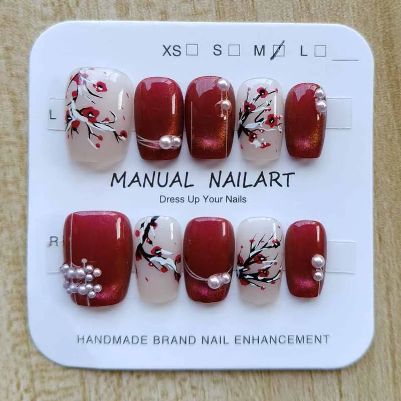 Handgemalte Press-On Nails – Red Floral Elegance