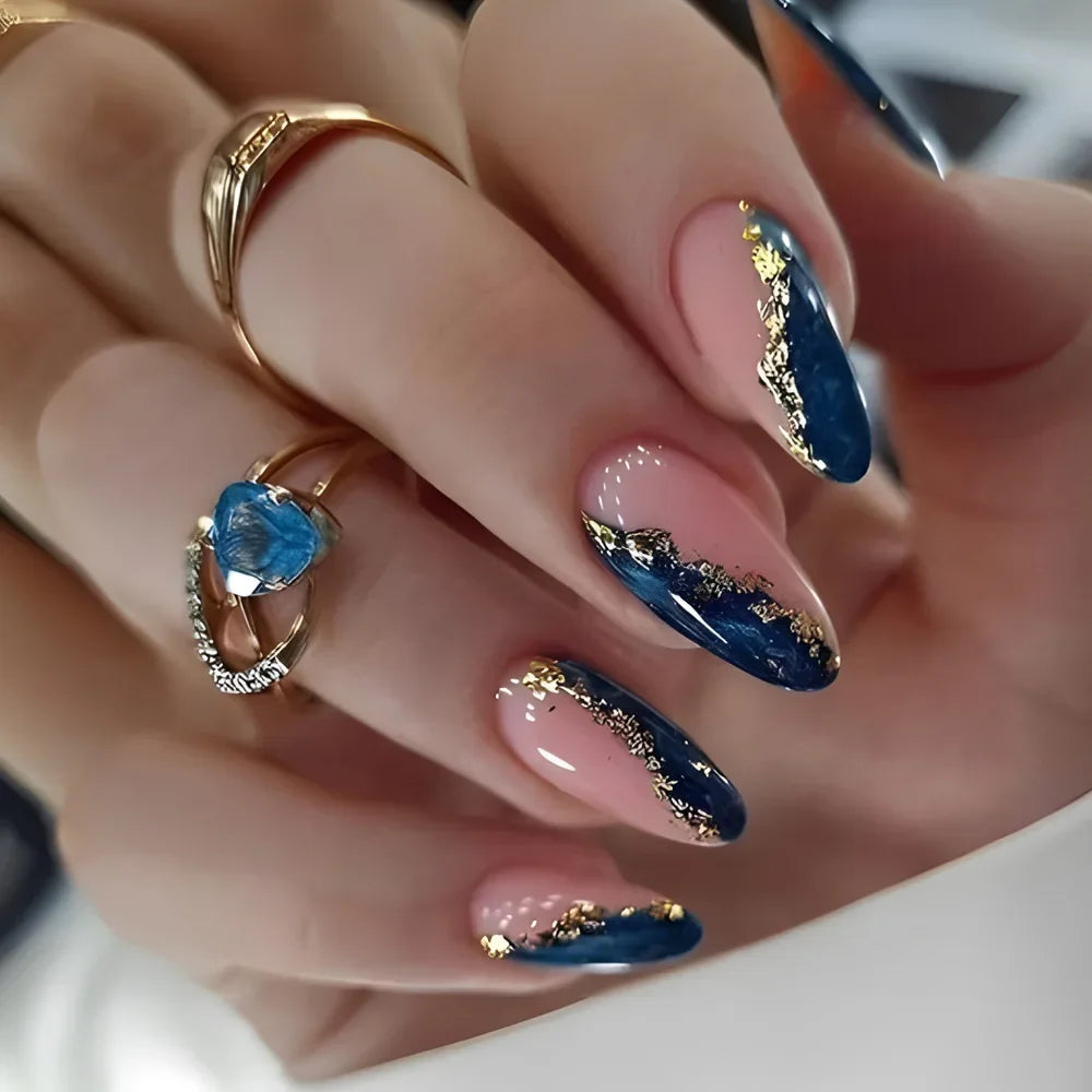 Blue Elegance Collection – Luxuriöse Floral & Glam Press-On Nails-24-teilige
