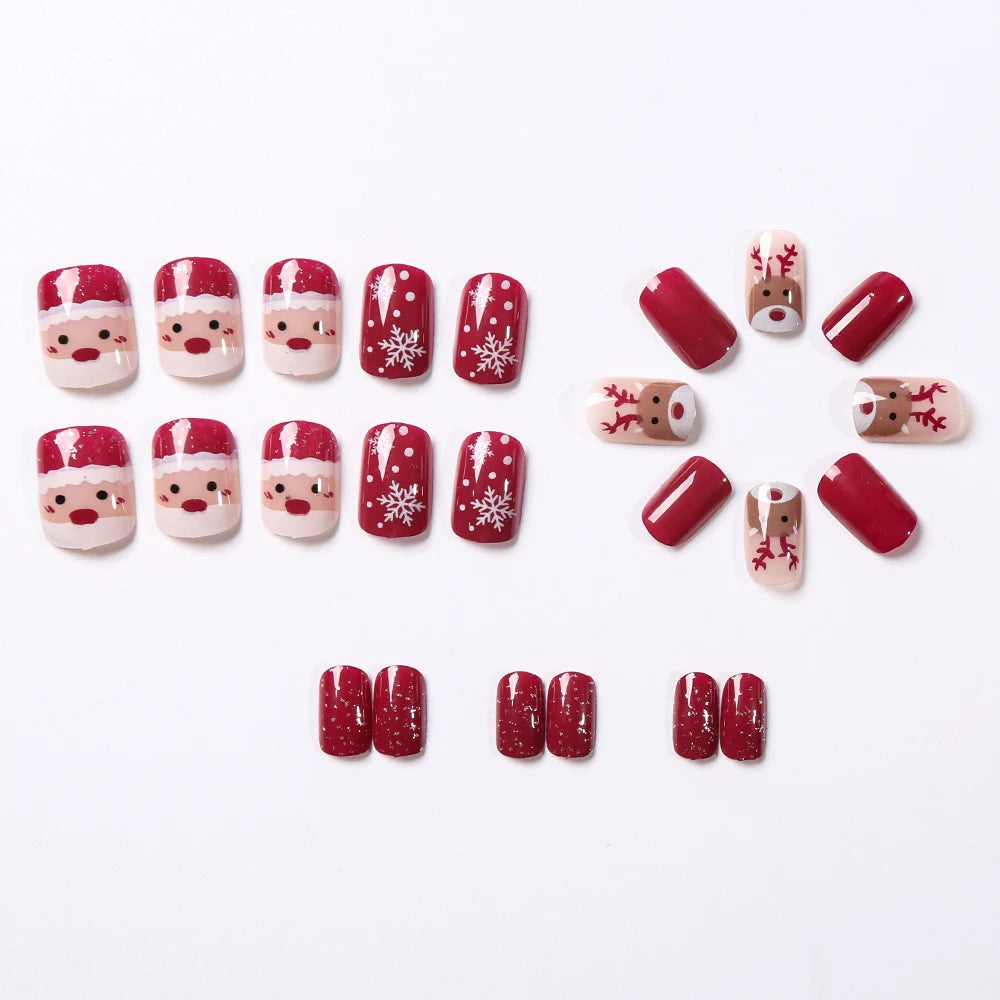 Weihnachts-Press-On-Nails-Weihnachtsmann-Elch-Schneeflocken - 24 Stück