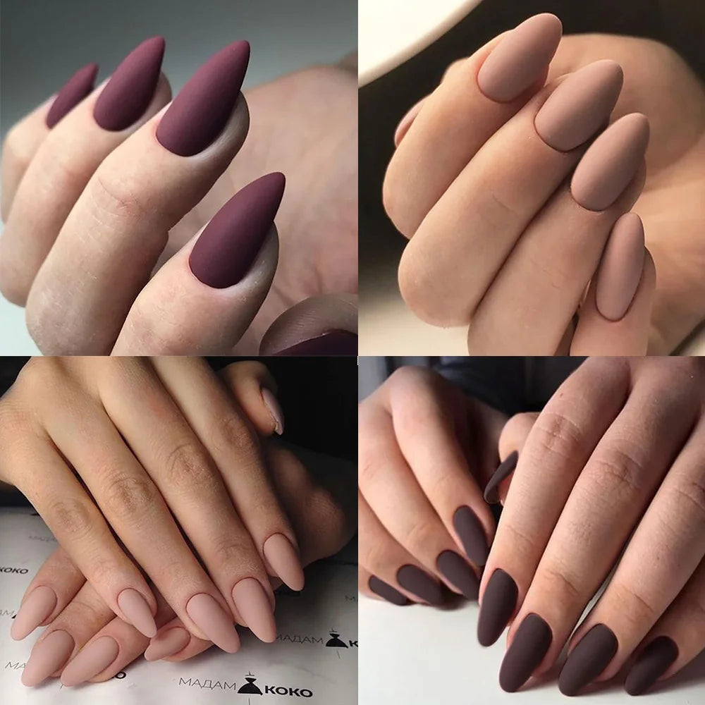 24 Stück Press-On-Nails –  Almond / Mandelform – Mattes Design in Rot, Nude & Braun