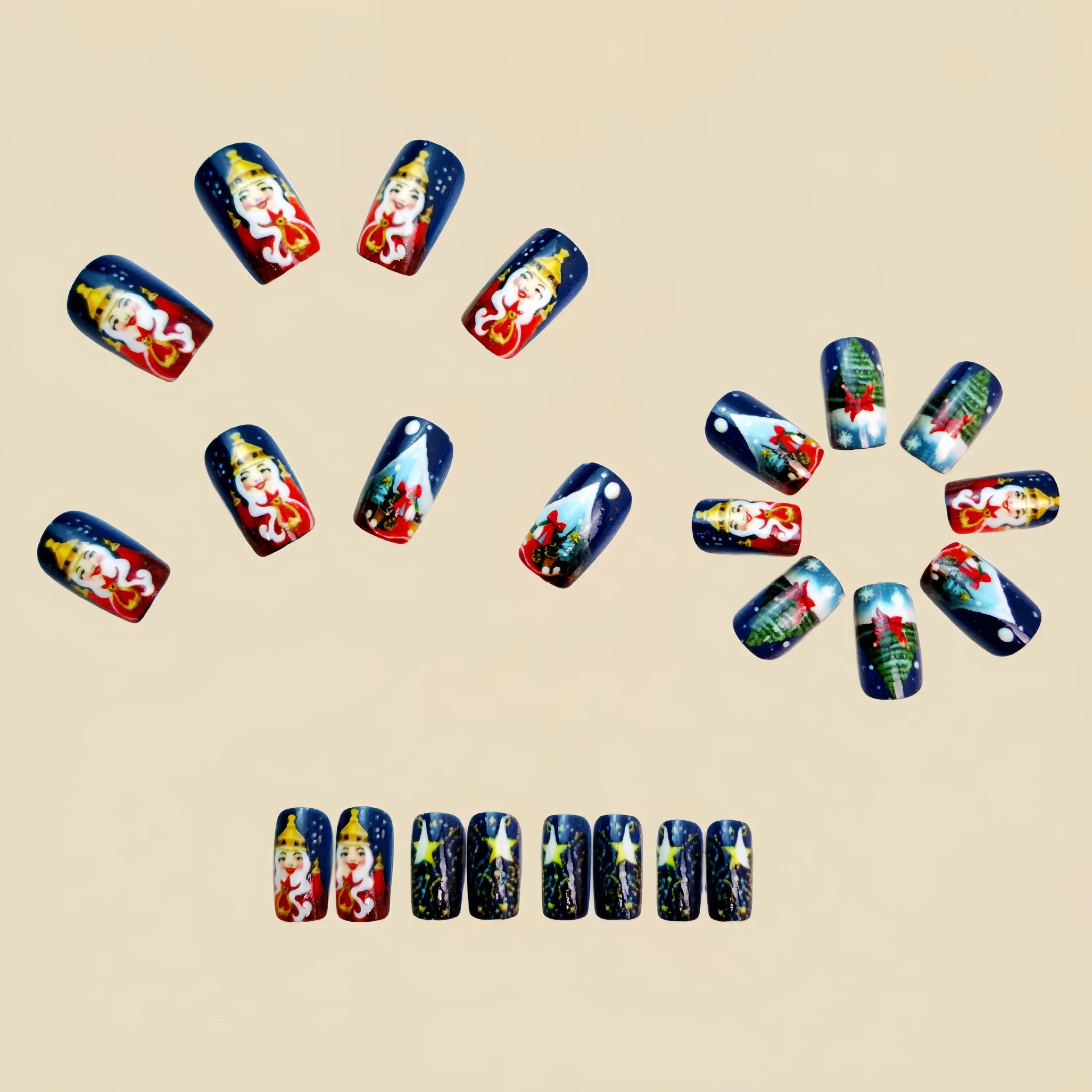 Weihnachts-Press-On-Nails – Mittel, Almond/Soft Square – Santa,  3D-Design, Glänzend-24 Stück