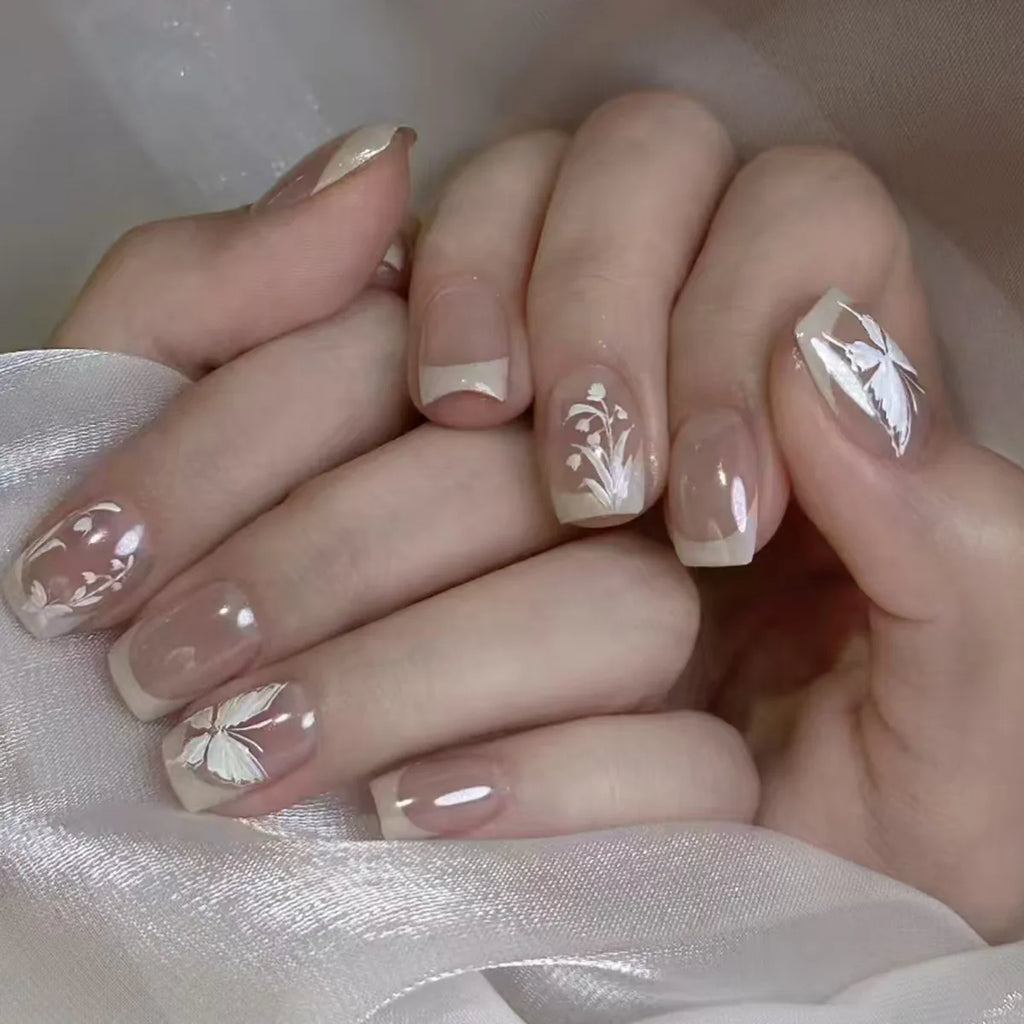 Nude Floral Elegance · Square Almond - 24pcs Press-On Nails