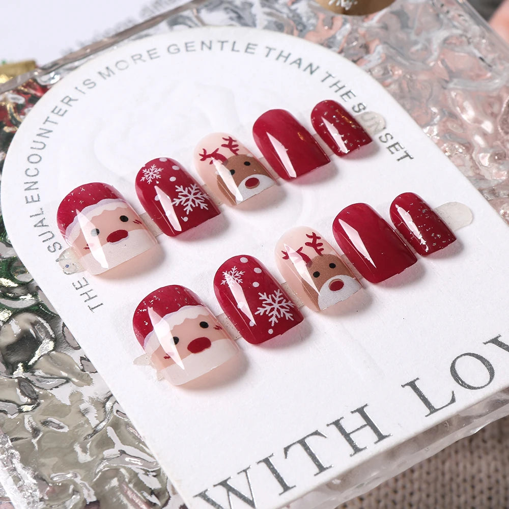 Weihnachts-Press-On-Nails-Weihnachtsmann-Elch-Schneeflocken - 24 Stück
