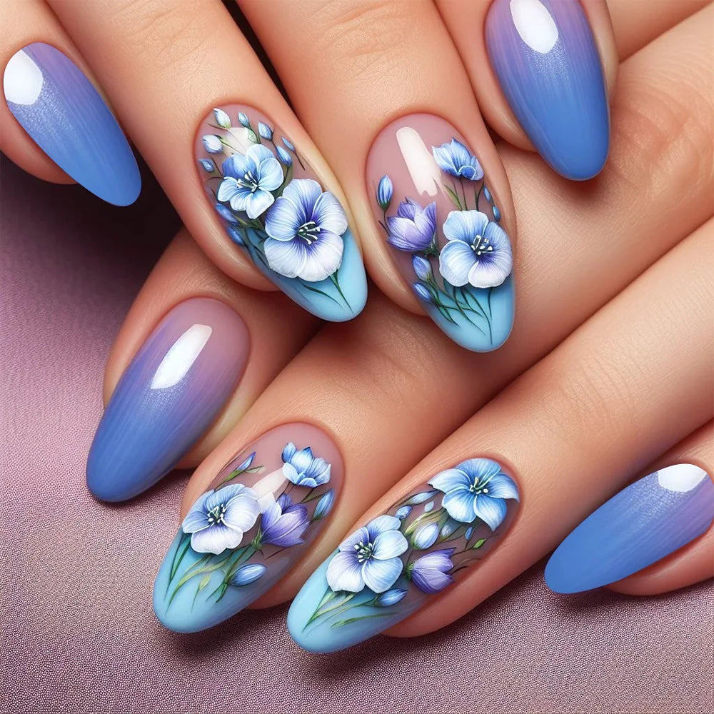 Blue Elegance Collection – Luxuriöse Floral & Glam Press-On Nails-24-teilige