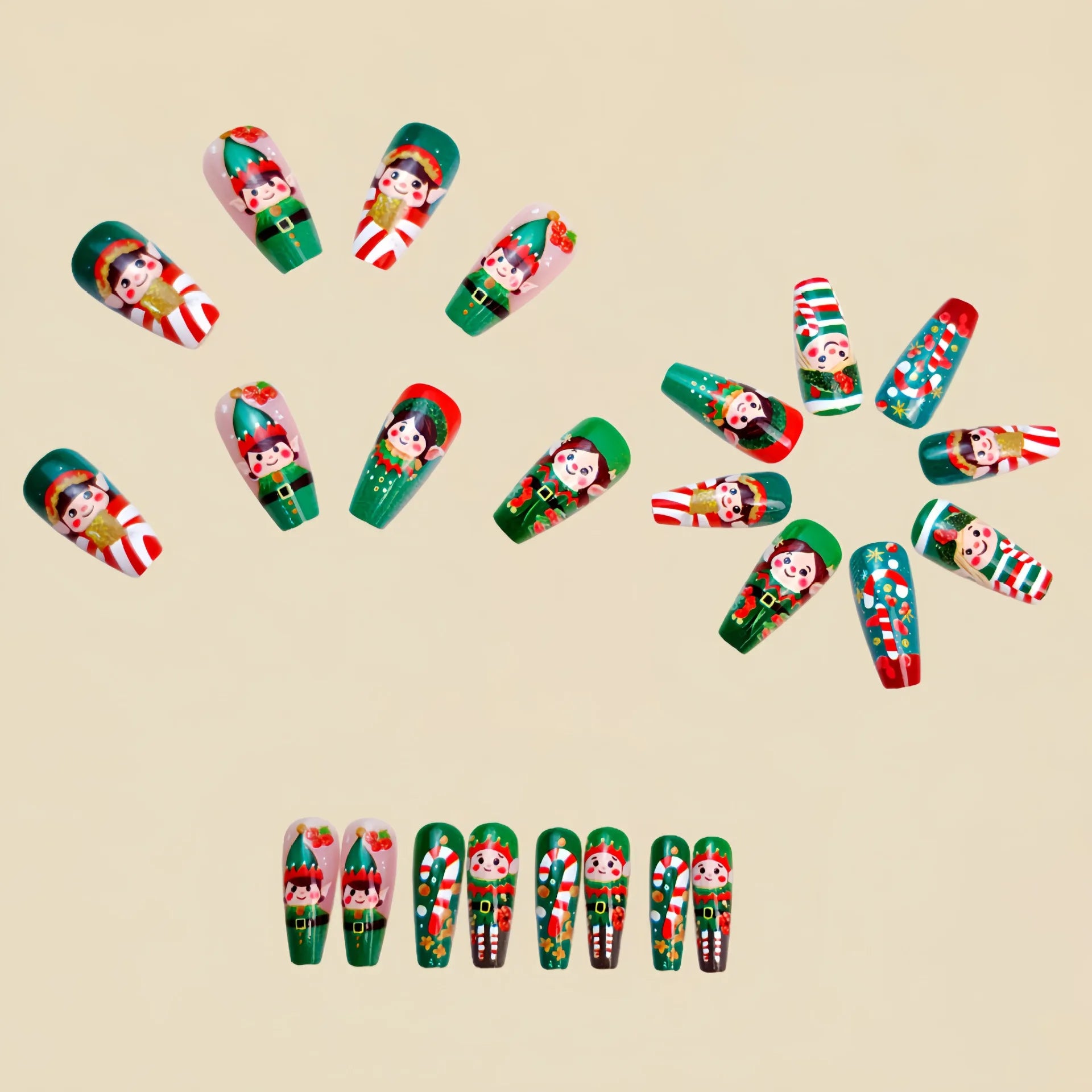 ✨ Weihnachts-Elfen & Candy Cane – 24-teiliges Press-On Nail