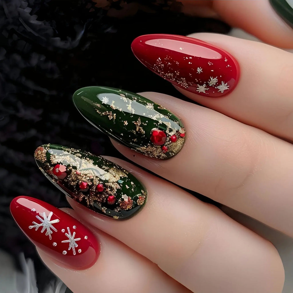 Weihnachts-Press-On-Nails -Kunstnägel mit Schneeflocken, Rentier, Weihnachtsmotiven – Perfekt für die Weihnachtsfeier-24 Stück