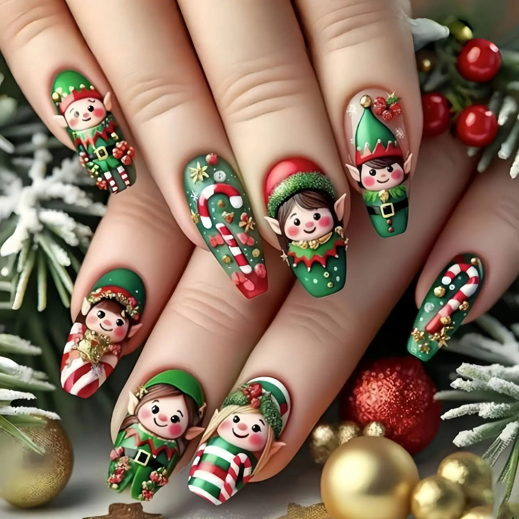 ✨ Weihnachts-Elfen & Candy Cane – 24-teiliges Press-On Nail