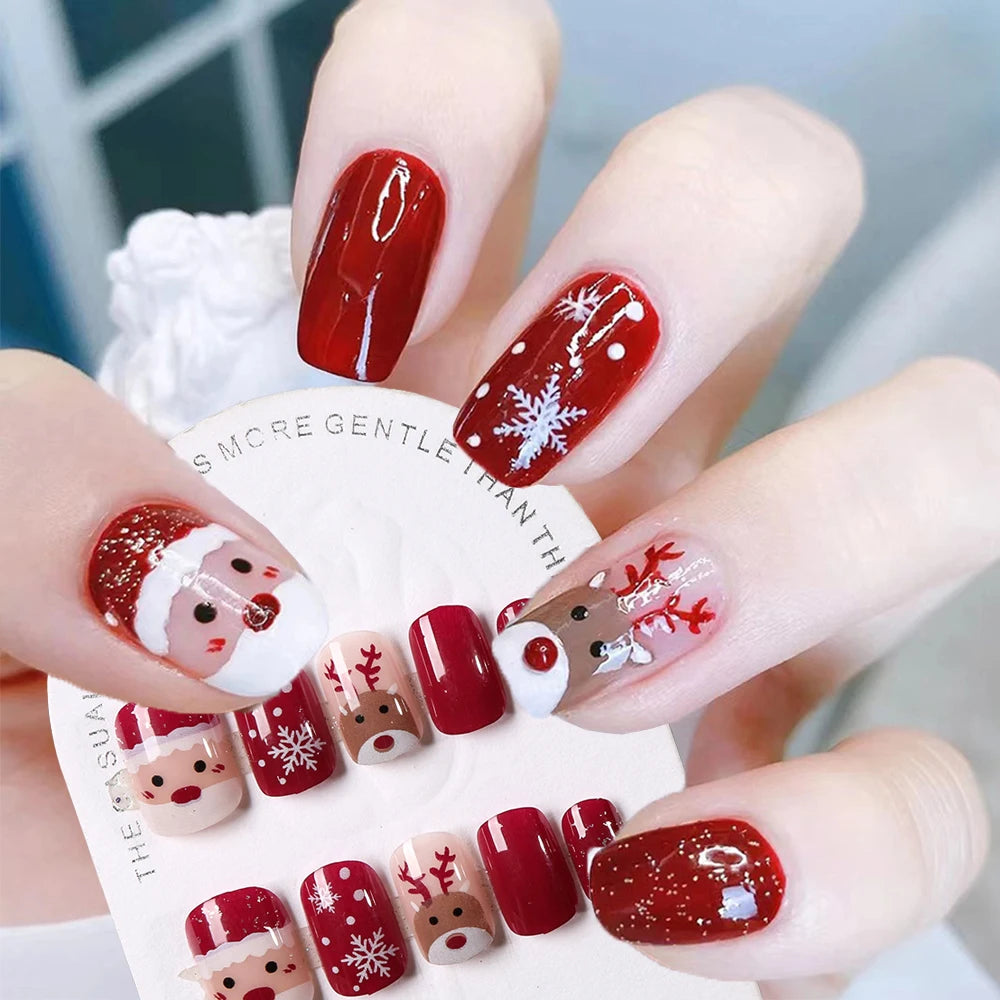 Weihnachts-Press-On-Nails-Weihnachtsmann-Elch-Schneeflocken - 24 Stück