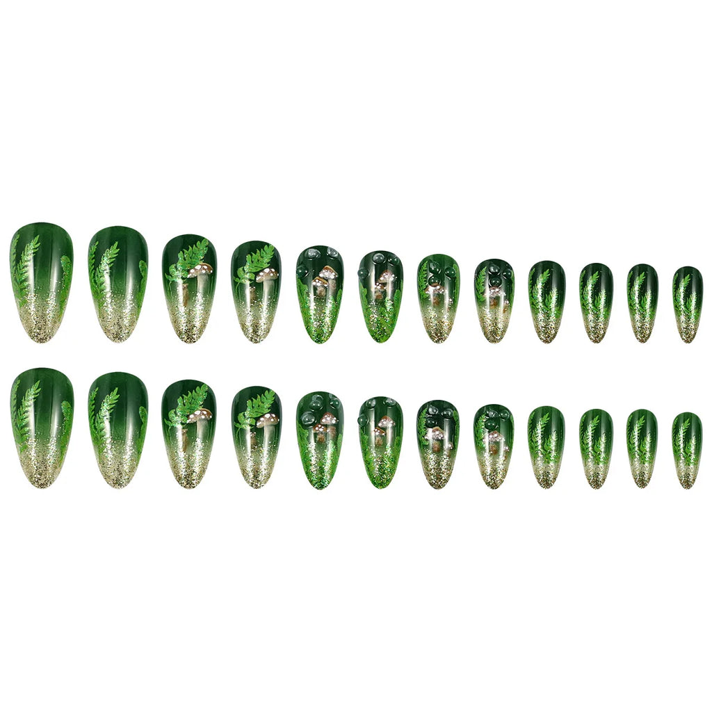 24-teiliges Press-On-Nail-Set – Glossy Almond in Dark Green Forest