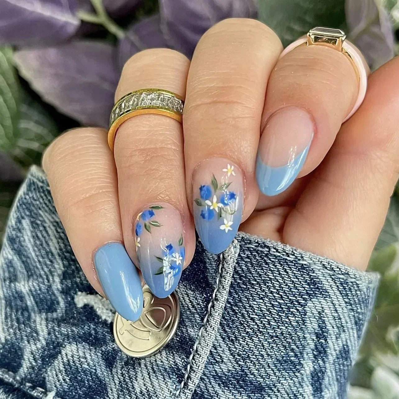 Blue Elegance Collection – Luxuriöse Floral & Glam Press-On Nails-24-teilige
