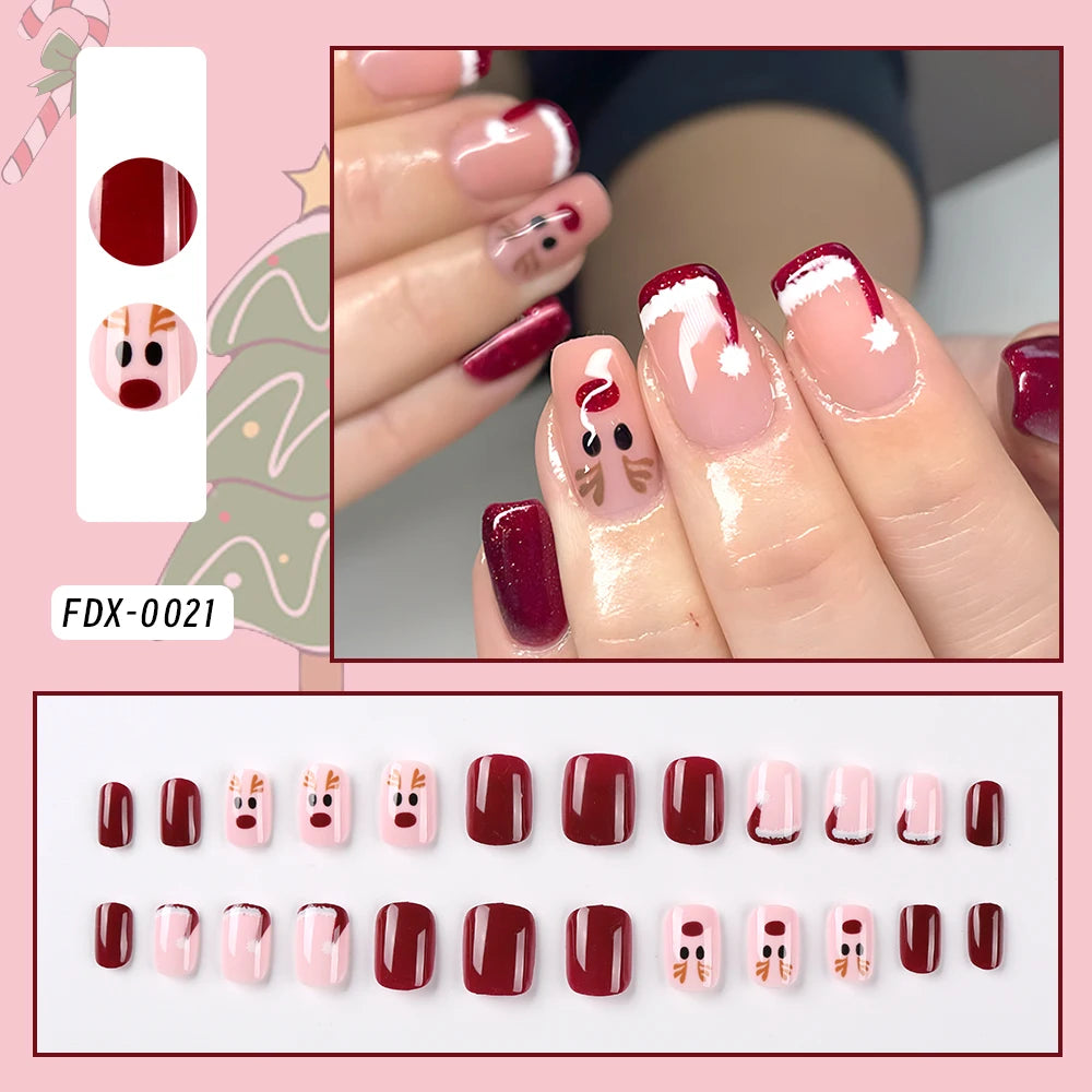 Weihnachts-Press-On-Nails-Weihnachtsmann-Elch-Schneeflocken - 24 Stück