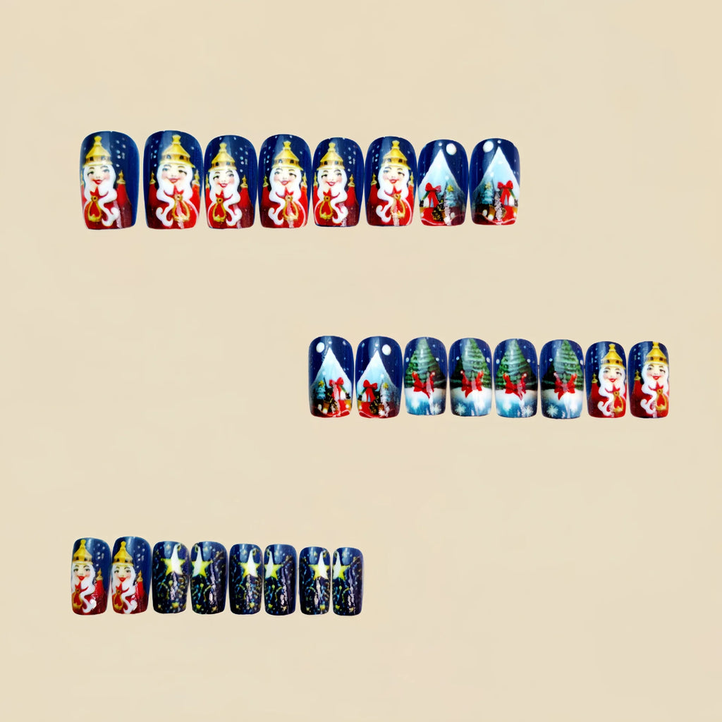 Weihnachts-Press-On-Nails – Mittel, Almond/Soft Square – Santa,  3D-Design, Glänzend-24 Stück