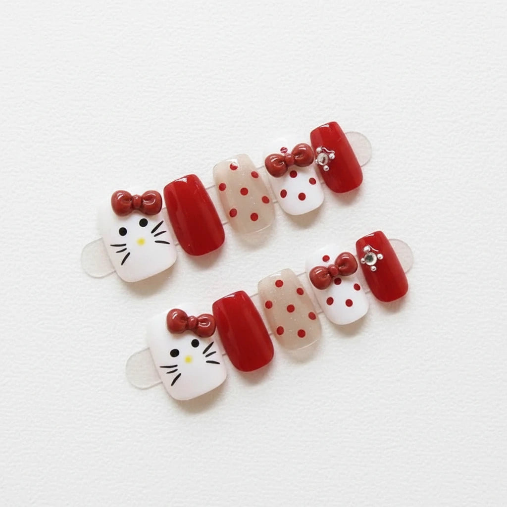 Süße Katzen-Press-On-Nägel – 10er Set, handgemalt